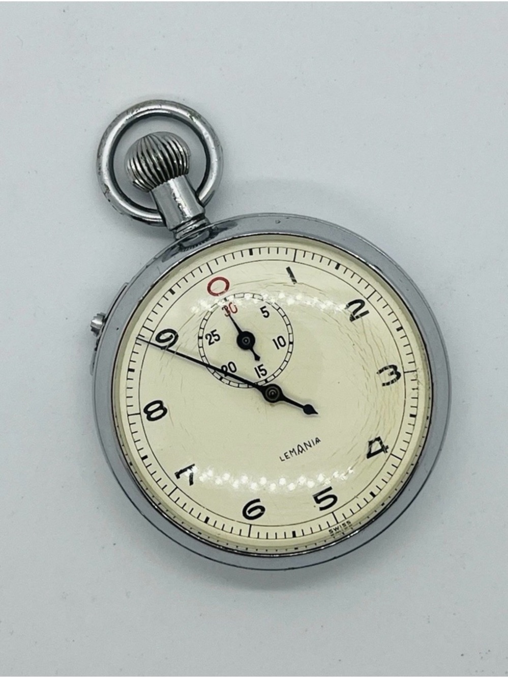 Lemania Vintage Pocket Stopwatch - Cream Dial, Silver Case